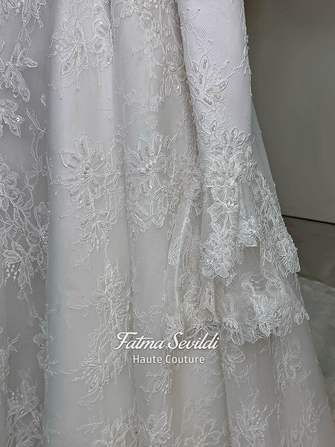 Luxury hijab wedding dress with A-line silhouette, beaded lace detailing and cathedral lace veil, modest long sleeve bridal gown for Muslim bride