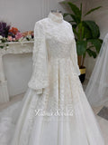 Elegant veiled hijab wedding dress with high neck beaded lace long sleeves