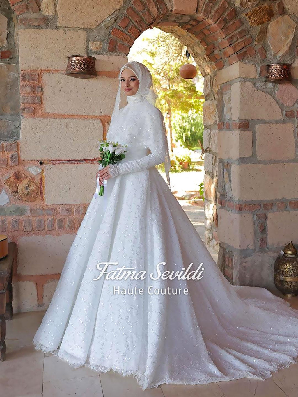 Elegant Veiled Hijab Wedding Dress Beaded Lace Cape High Neck Long Sleeve A-Line Couture White / 38