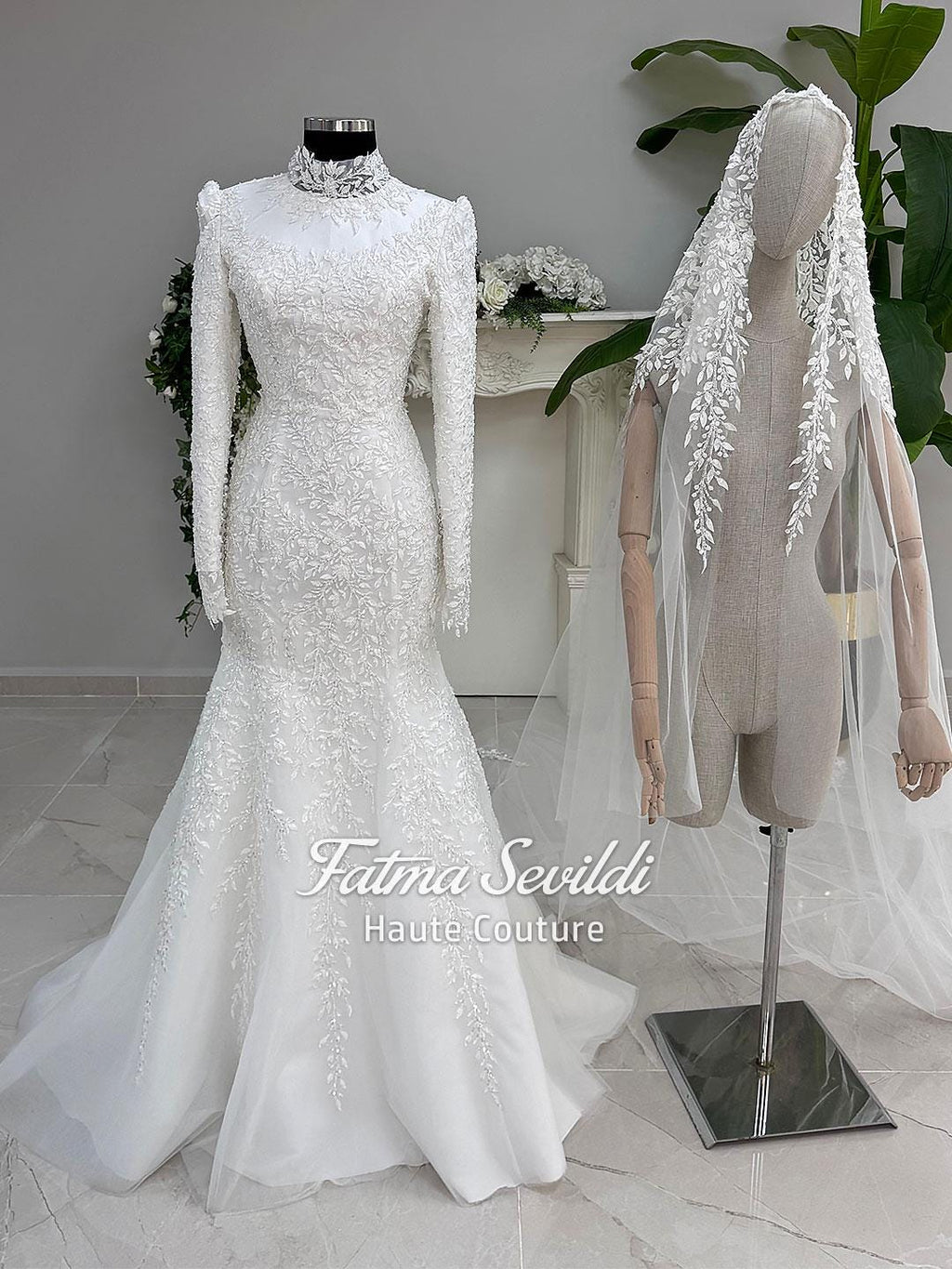 Elegant veiled mermaid hijab wedding dress with lace and beads