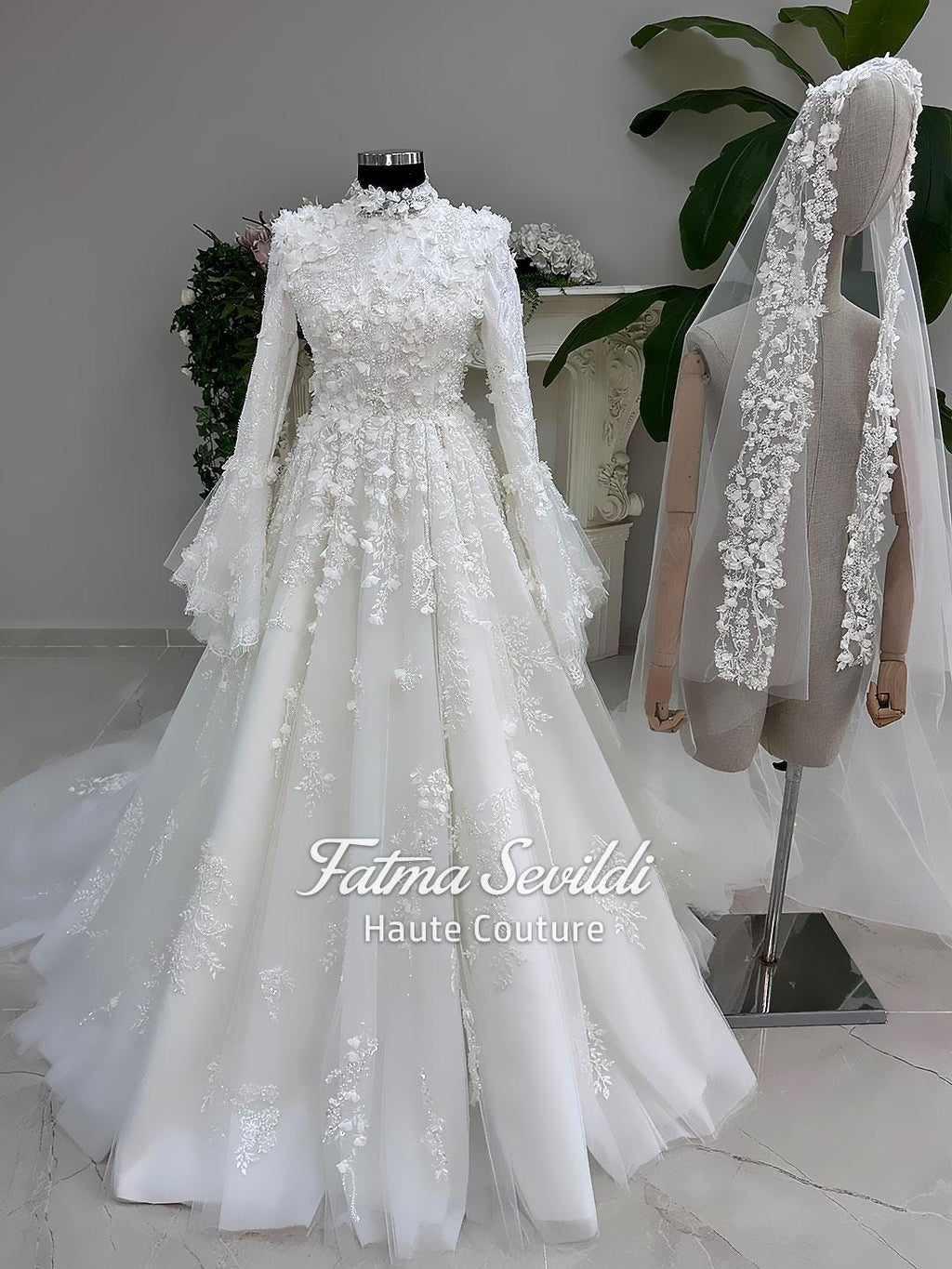 Modest A-line wedding dress with floral lace applique, high neck, long sleeves