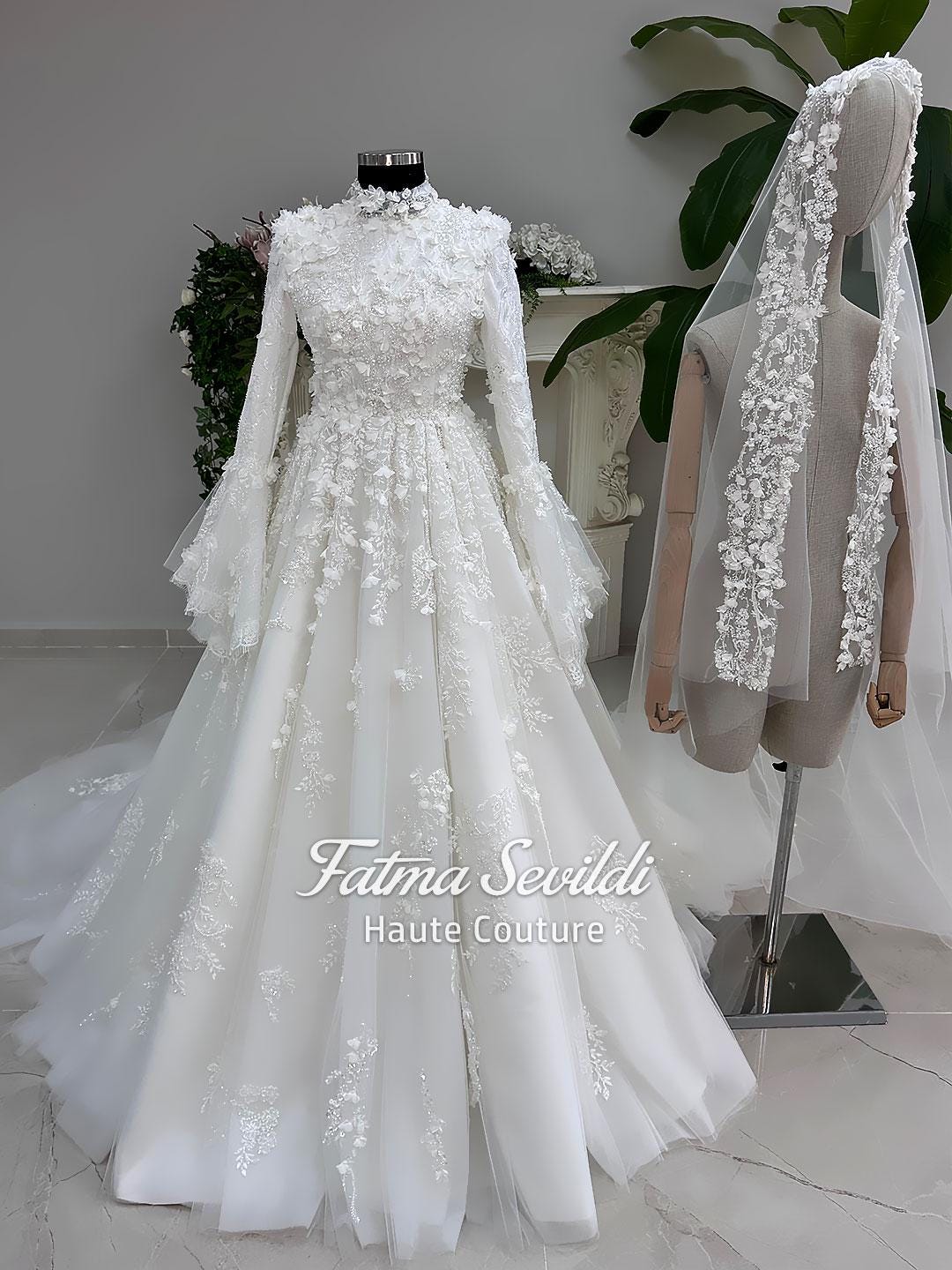 Modest A-line wedding dress with floral lace applique, high neck, long sleeves