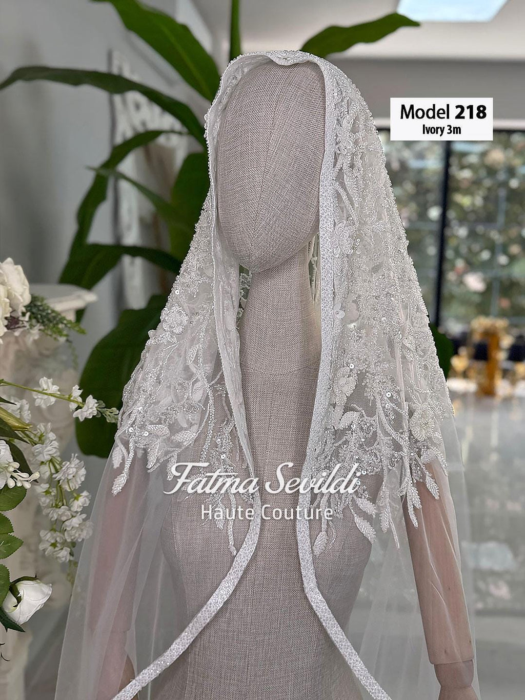Ivory lace cathedral veil with floral embroidery, sequins, and hijab option