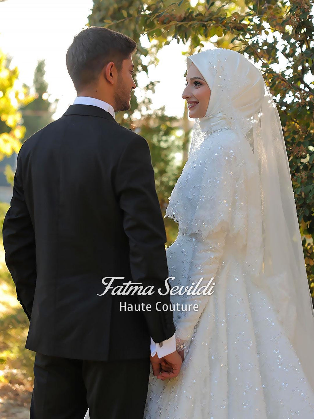 Elegant veiled hijab wedding dress with beaded lace cape
