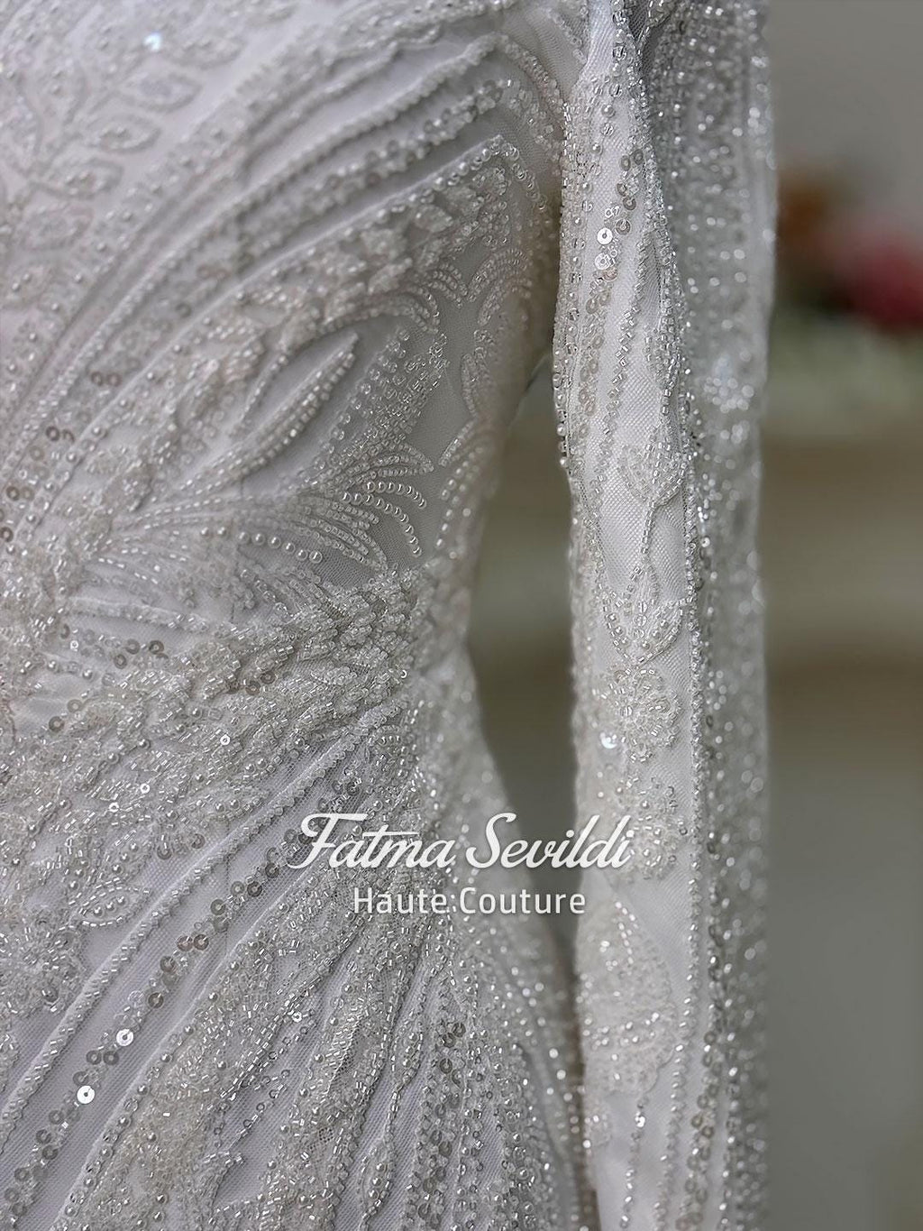 Beaded lace high neck long sleeve mermaid veiled hijab wedding gown