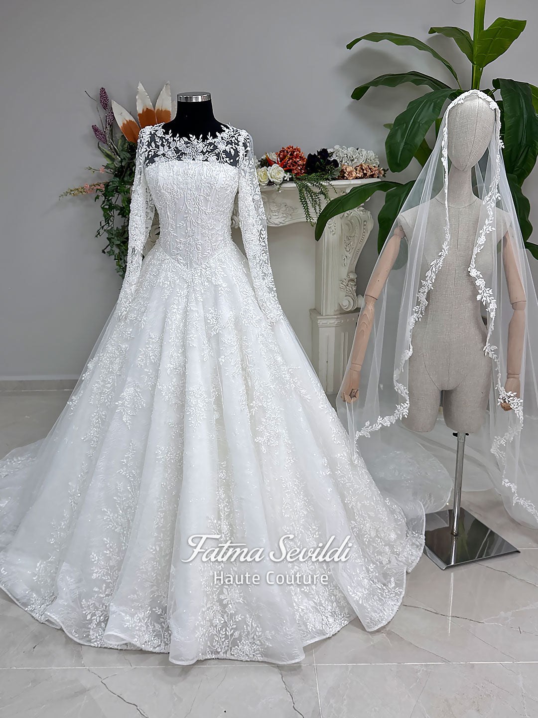 Elegant Modest Wedding Dress Long Sleeve Beaded Lace Princess Bridal G – Fatma Sevildi Couture