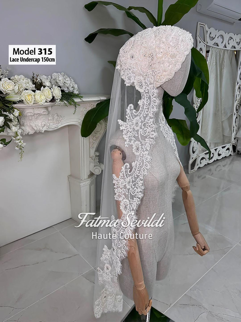 Short2 beaded lace bridal veil with floral undercap and hijab option