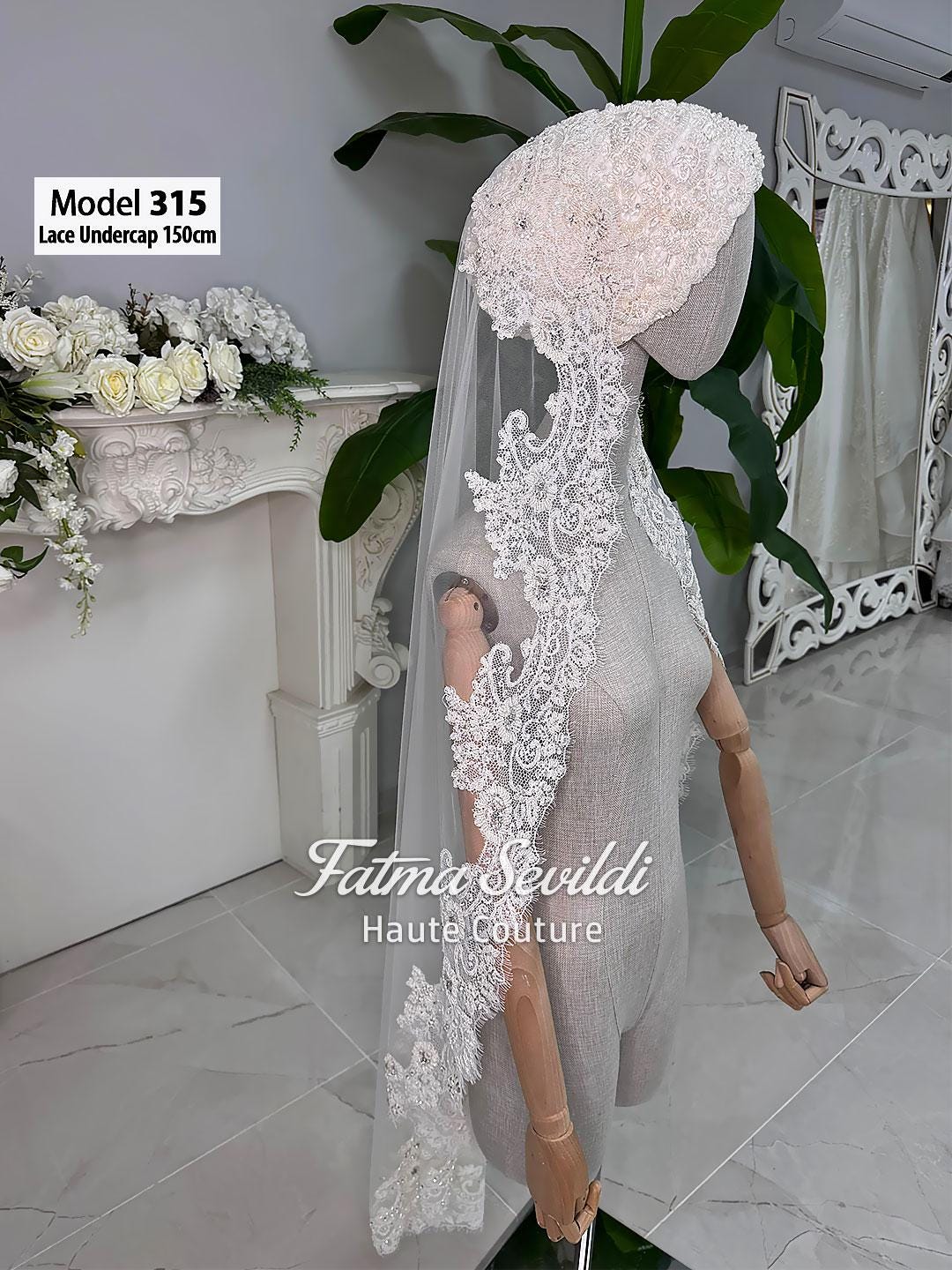 Short2 beaded lace bridal veil with floral undercap and hijab option