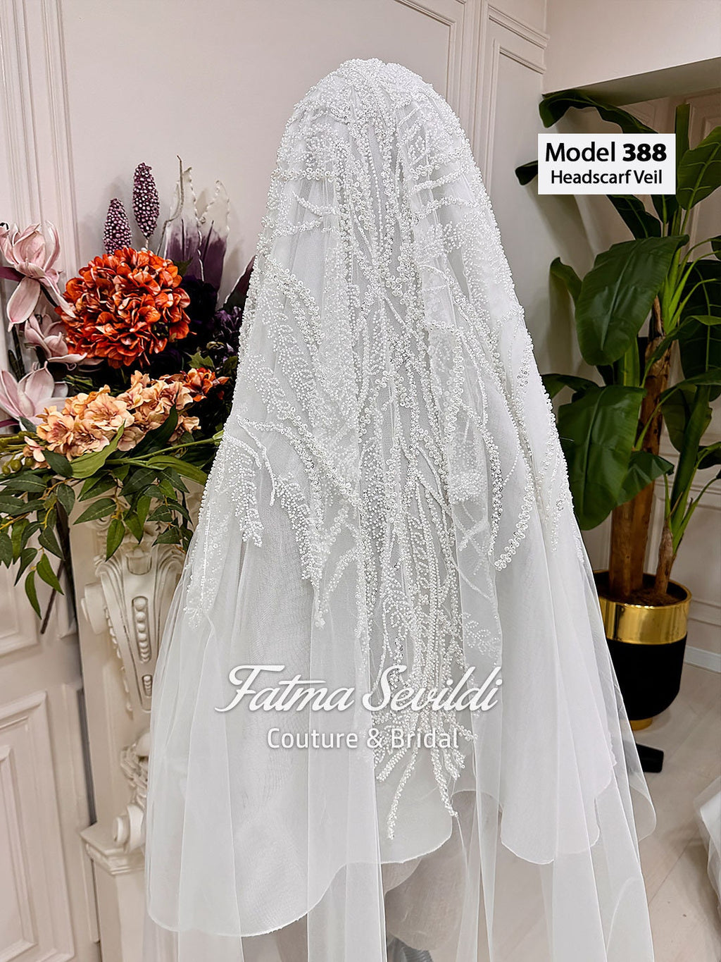 Delicate white lace headscarf veil, SHORT1 model by Fatma Sevildi Couture