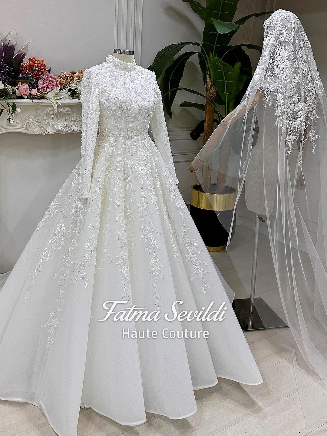 Elegant veiled hijab wedding dress with high neck, long sleeve beaded lace