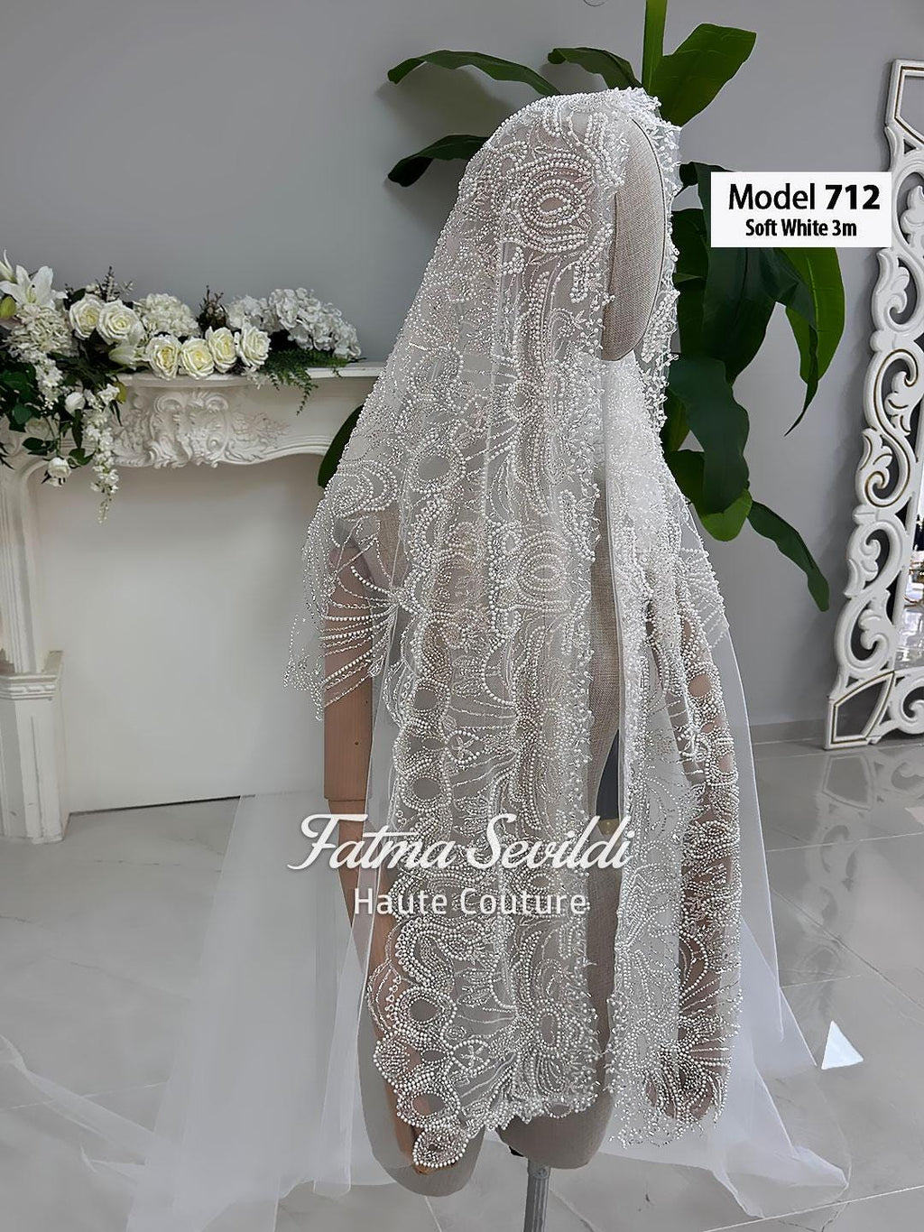 Soft white lace veil model 712 with beaded floral patterns, PART13 cathedral bridal veil