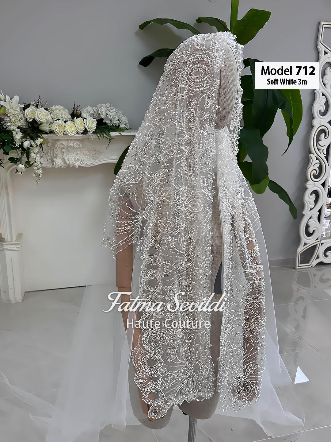 Soft white lace veil model 712 with beaded floral patterns, PART13 cathedral bridal veil