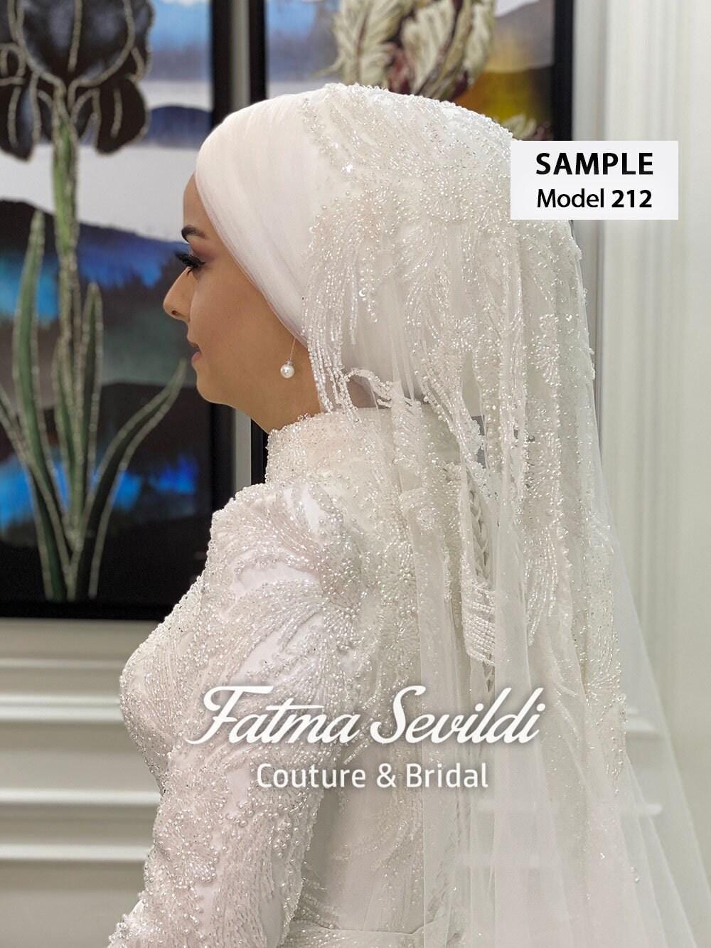 White beaded lace bridal hijab veil, fingertip-waltz length, modest option
