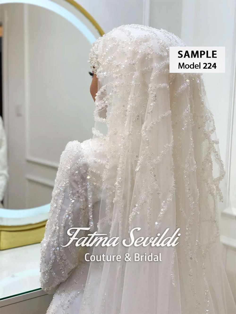 White beaded bridal hijab veil with lace edge, sequins, embroidery