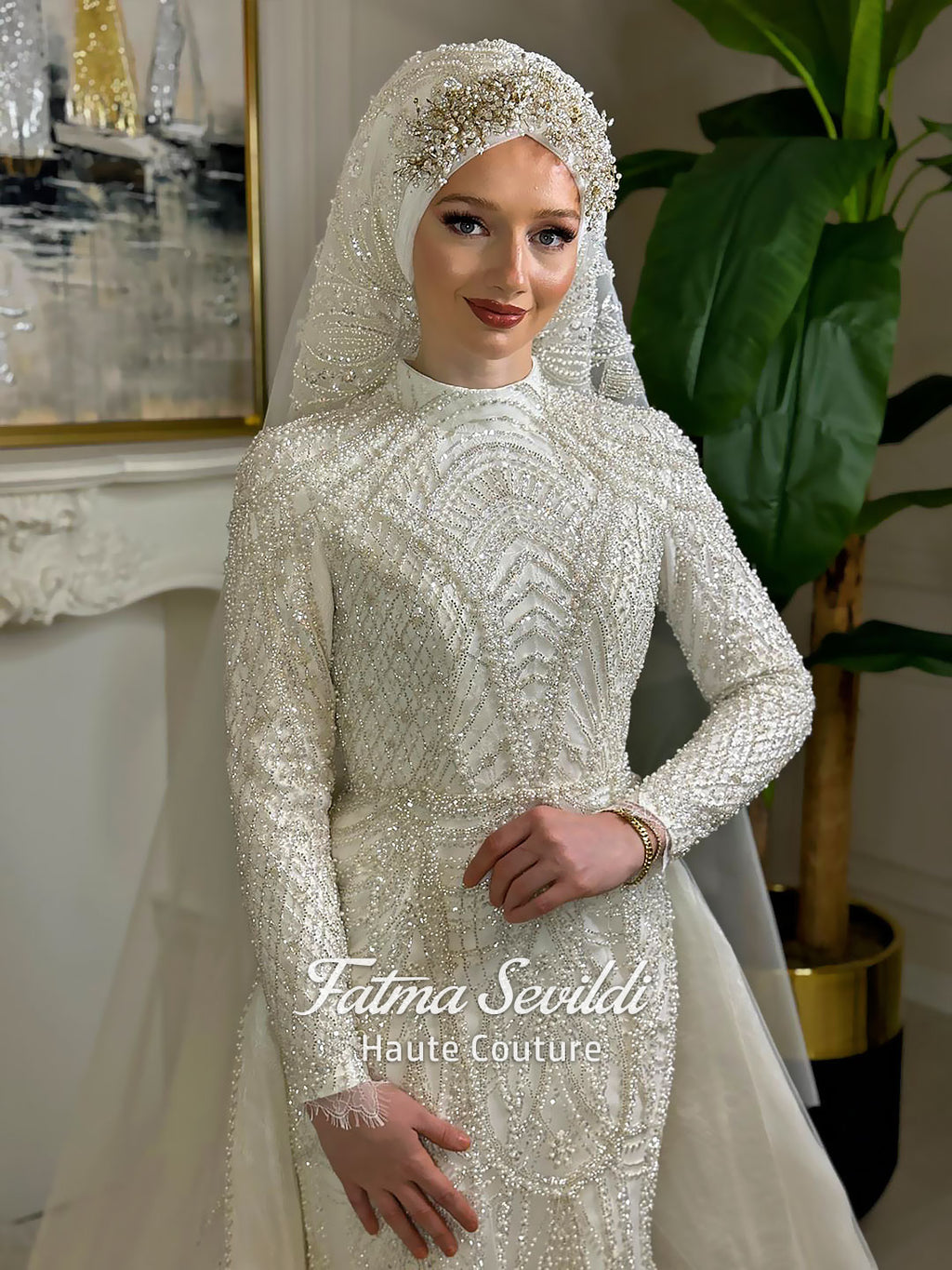 Luxury Hijab Wedding Dress, Sparkly Beaded Modest Bridal Gown, Long Sleeve