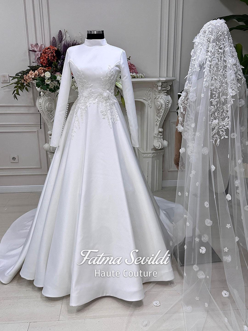 Elegant veiled 3D floral hijab wedding dress with long sleeves and lace