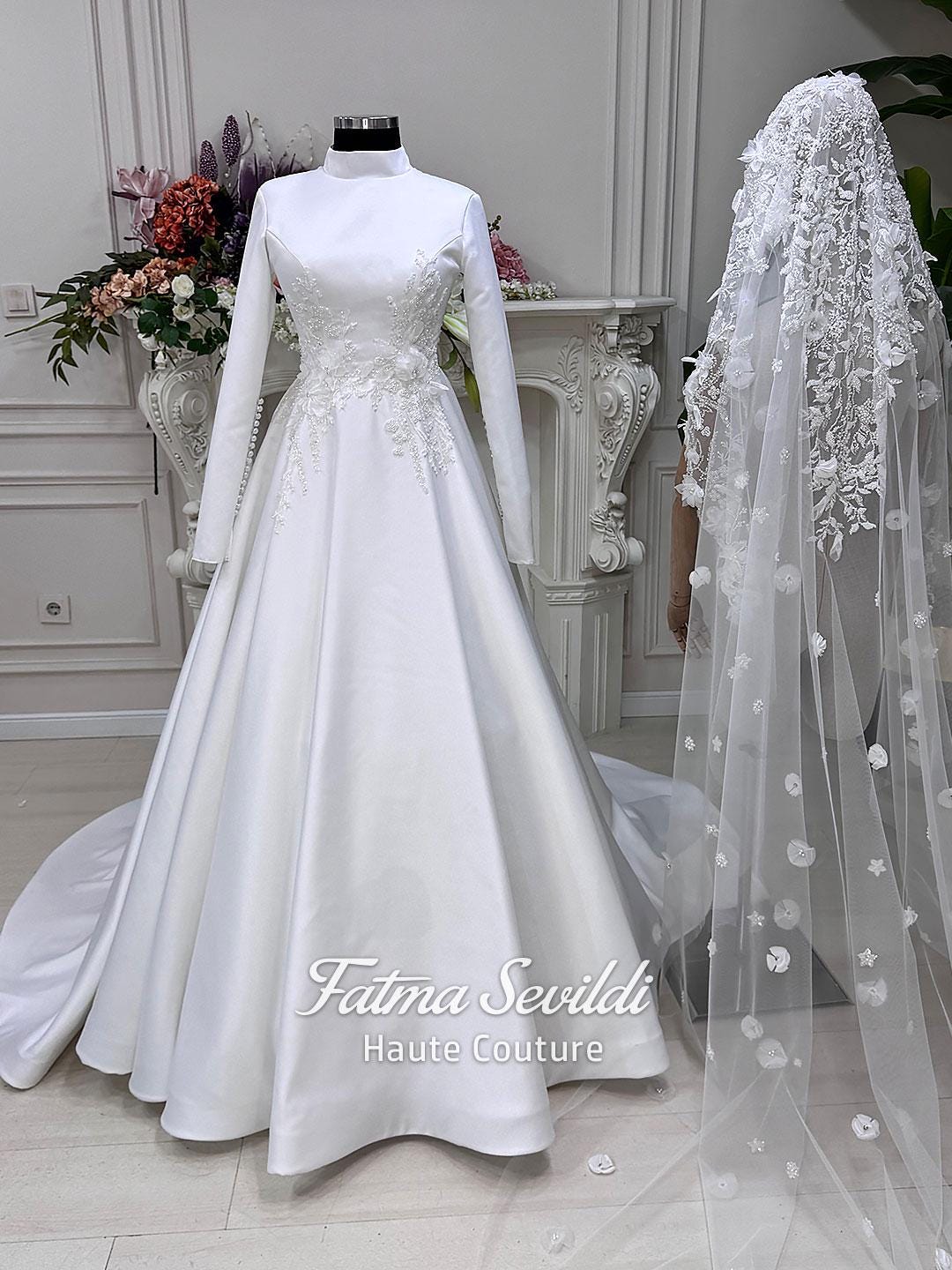Elegant veiled 3D floral hijab wedding dress with long sleeves and lace