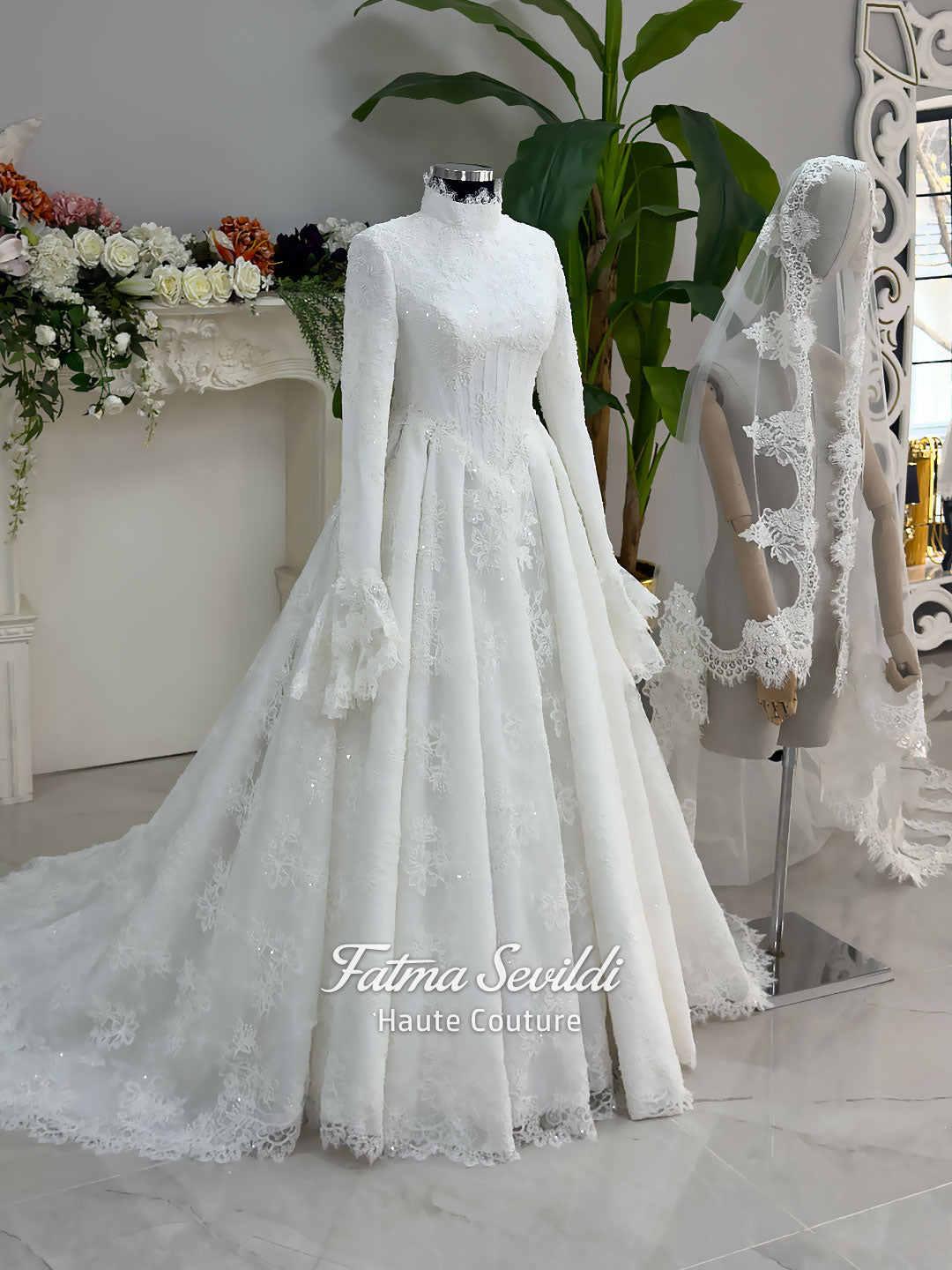 Luxury hijab wedding dress with A-line silhouette, beaded lace detailing and cathedral lace veil, modest long sleeve bridal gown for Muslim bride