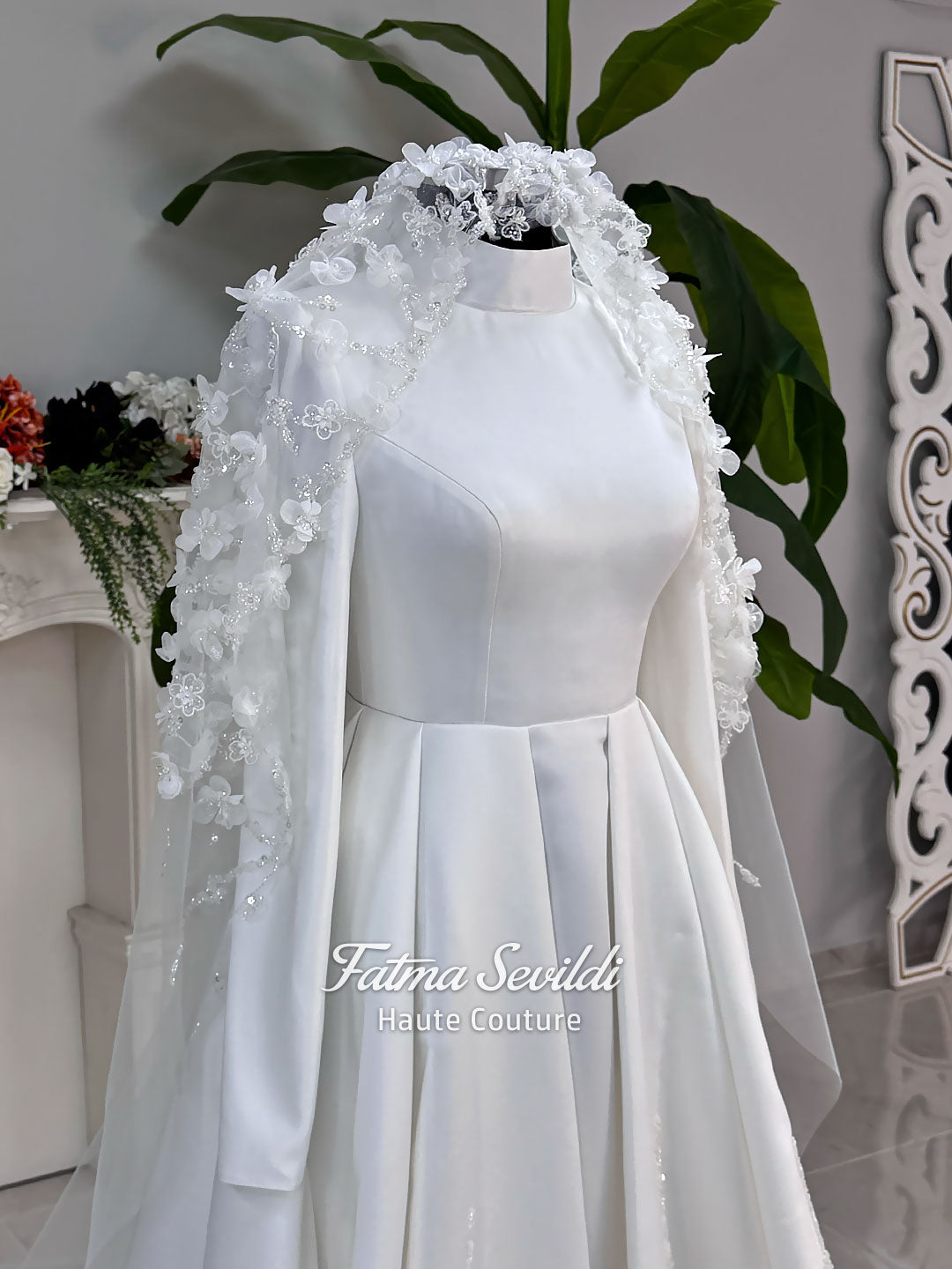 Luxury Satin Hijab Wedding Dress, Veiled Modest Bridal Gown, Long Sleeve A-Line 36 / White Luxury Satin Hijab Wedding Dress, Veiled Modest Bridal Gown, Long Sleeve A-Line 36 / White