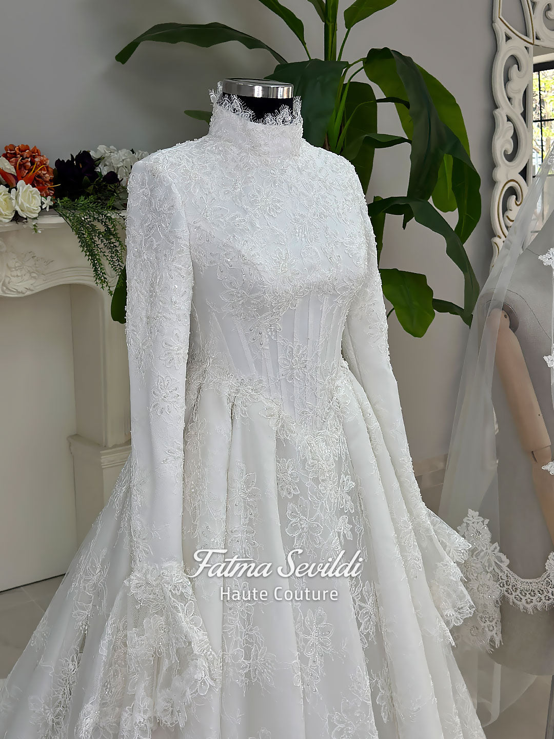 Luxury hijab wedding dress with A-line silhouette, beaded lace detailing and cathedral lace veil, modest long sleeve bridal gown for Muslim bride