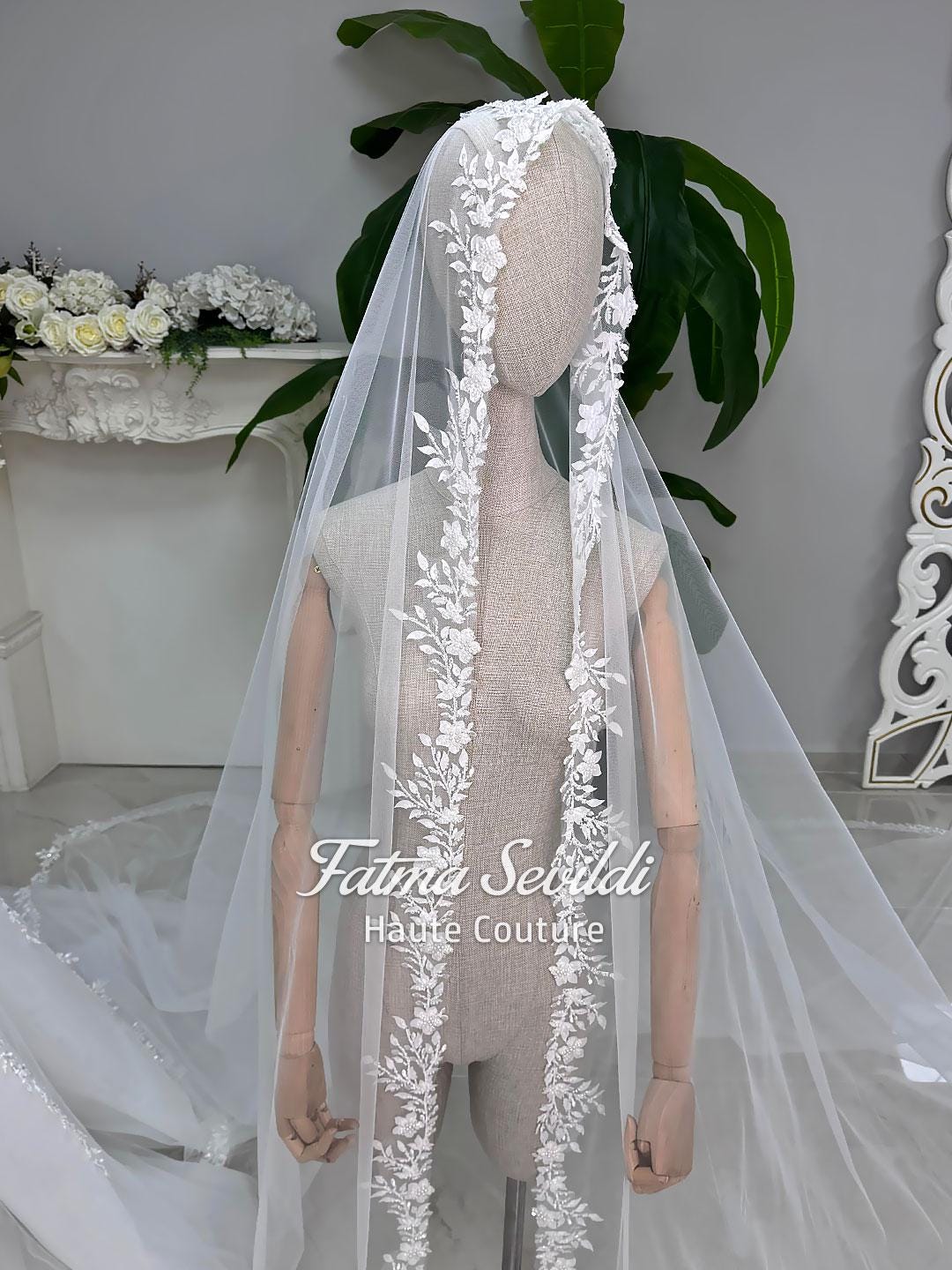 Delicate white lace bridal veil with floral embroidery for mermaid hijab gown