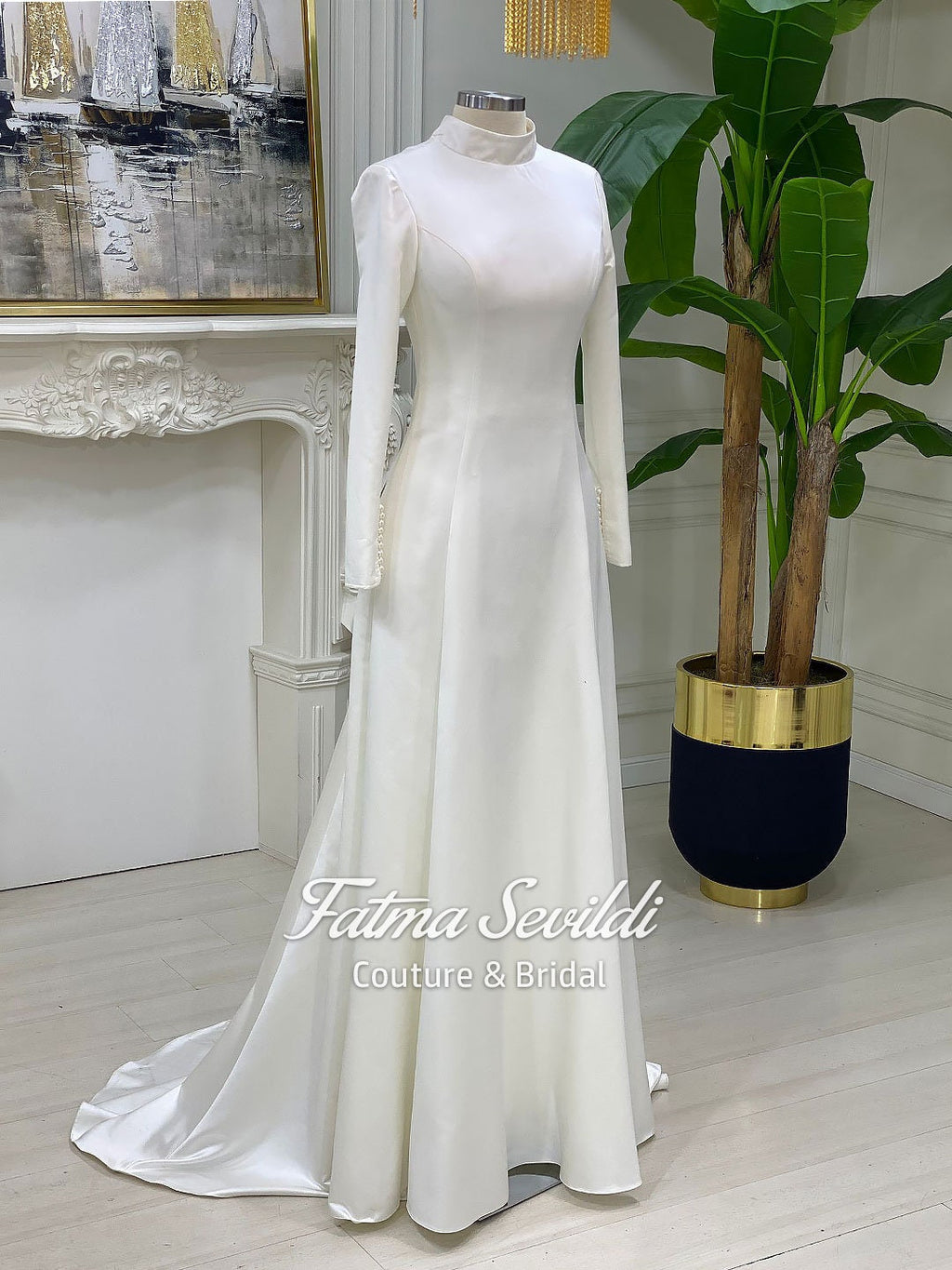 Veiled satin hijab wedding dress with long sleeves and high neck