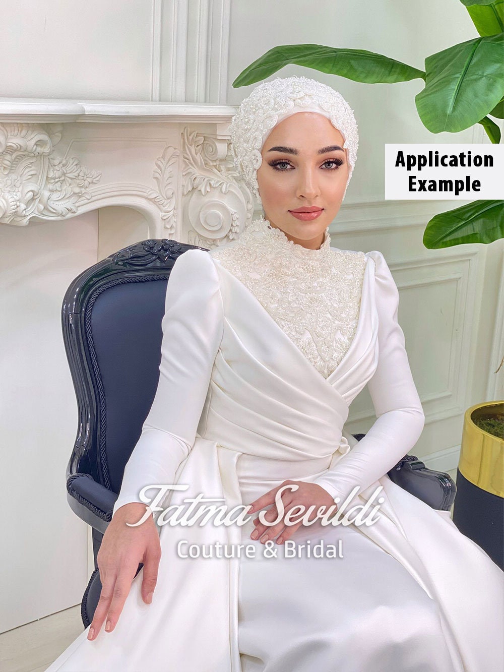 White satin bridal gown with lace details and luxury beaded undercap