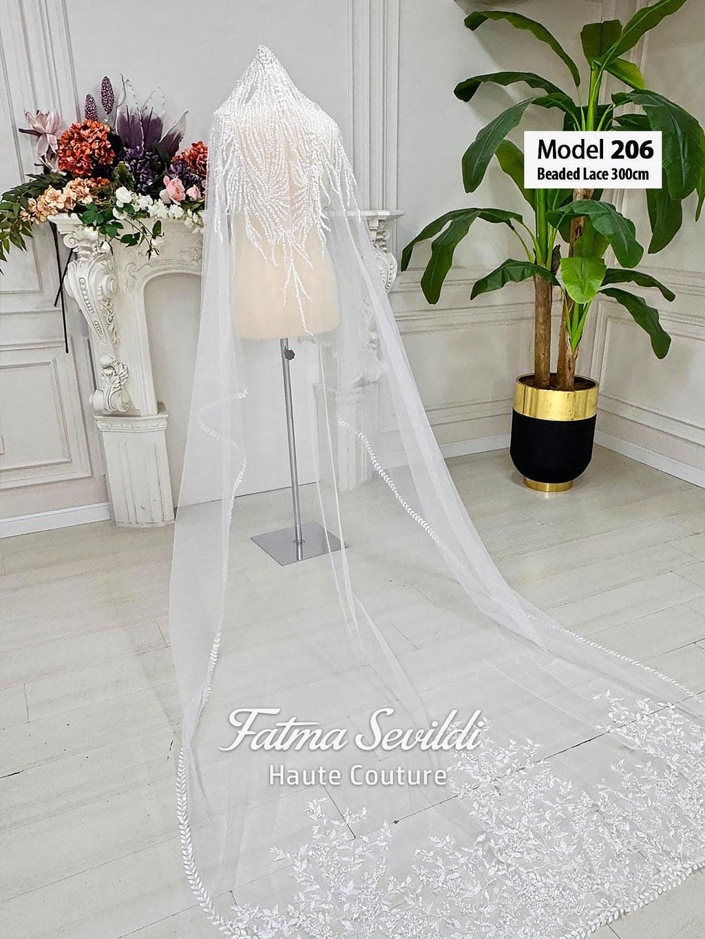 Delicate white beaded lace veil with floral embroidery, PART7 cathedral style