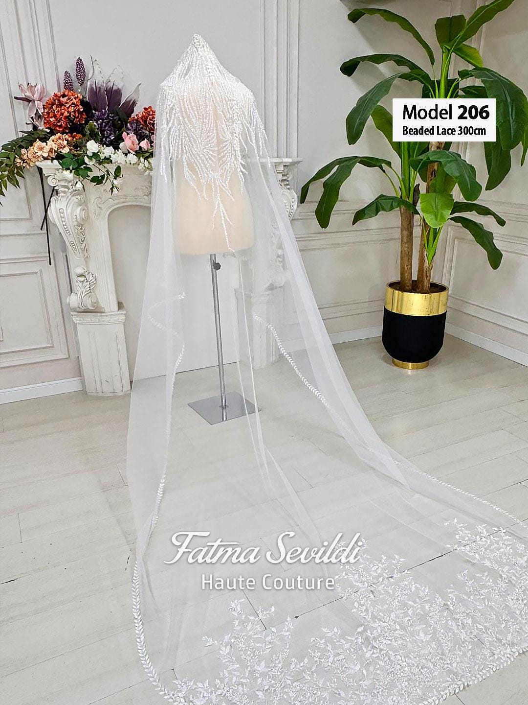 Delicate white beaded lace veil with floral embroidery, PART7 cathedral style