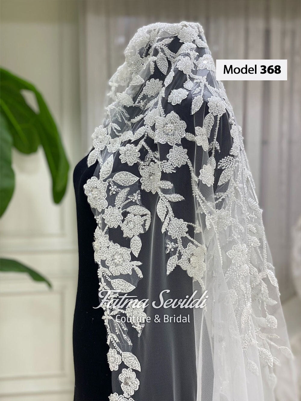 PART1 beaded lace edge cathedral bridal veil with floral embroidery
