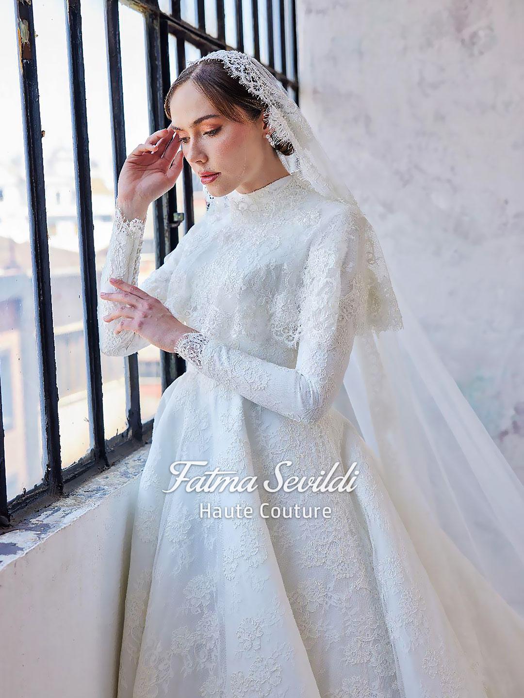 Veiled elegant modest hijab lace wedding gown with floral embroidery