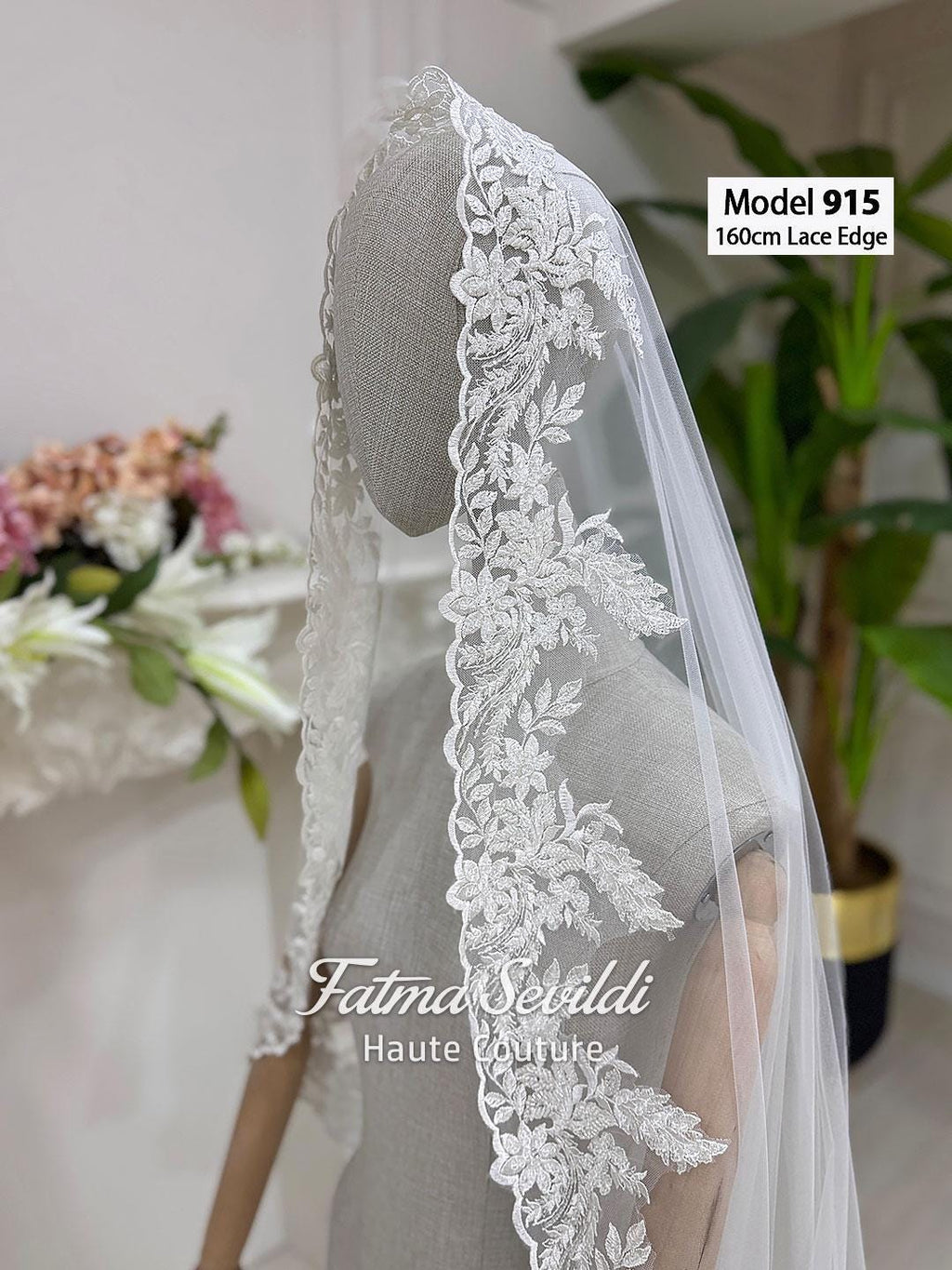 White beaded lace bridal veil, waltz-chapel length with floral embroidery