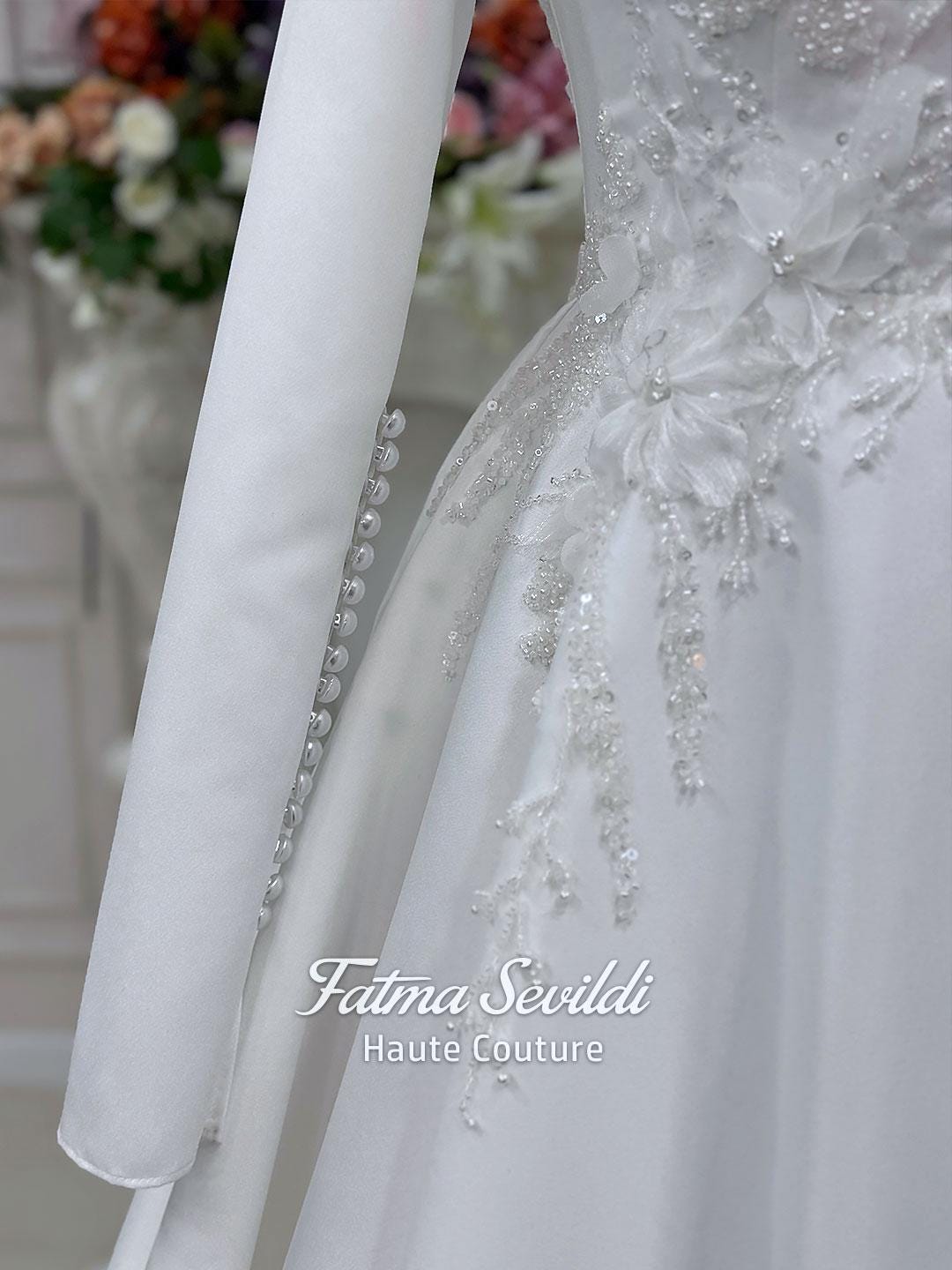 Veiled 3D floral hijab wedding dress with silver beading and appliques