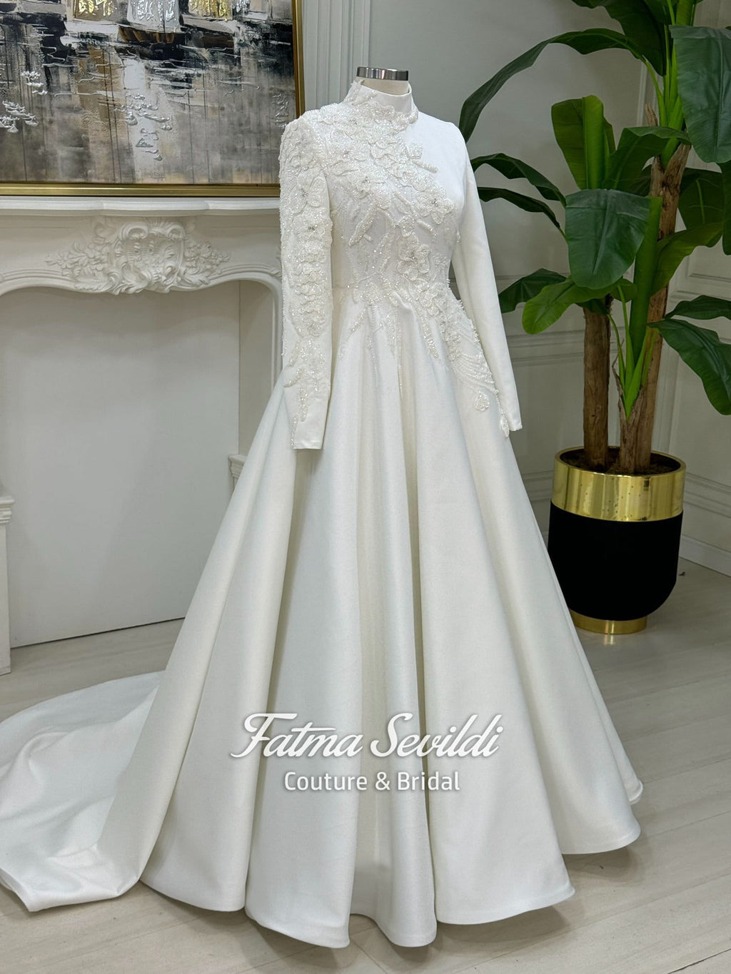 Elegant veiled satin hijab wedding dress with lace beaded bodice