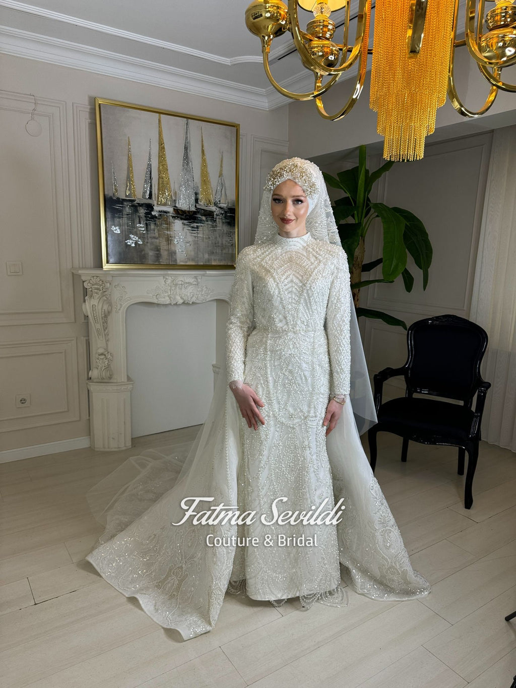 Veiled hijab beaded lace high neck long sleeve A-line bridal gown
