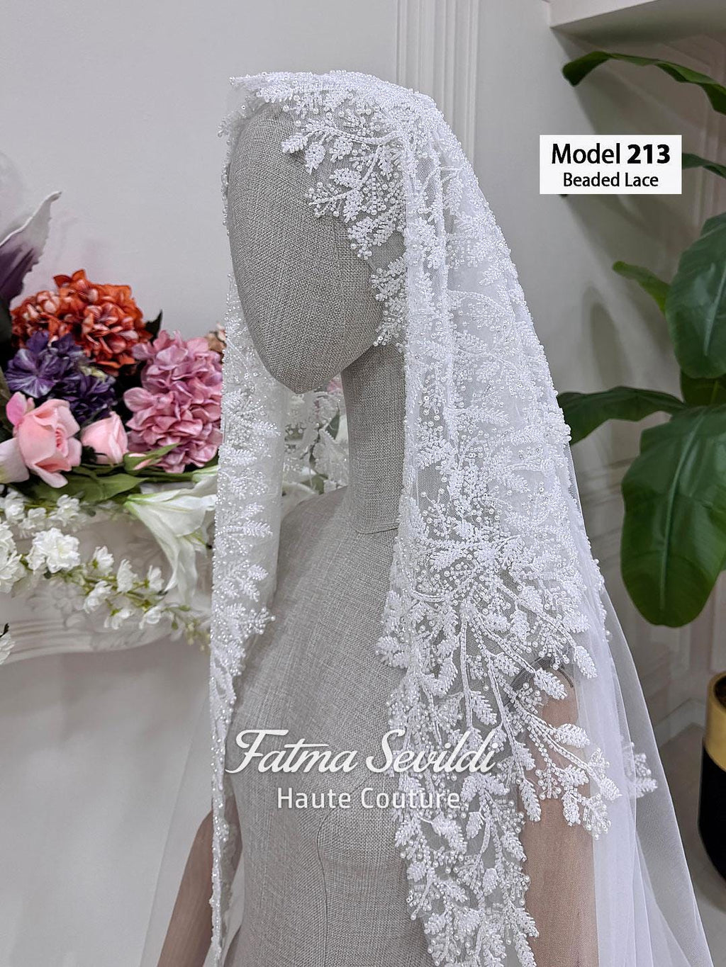 White beaded lace cathedral bridal veil by Fatma Sevildi, model 213