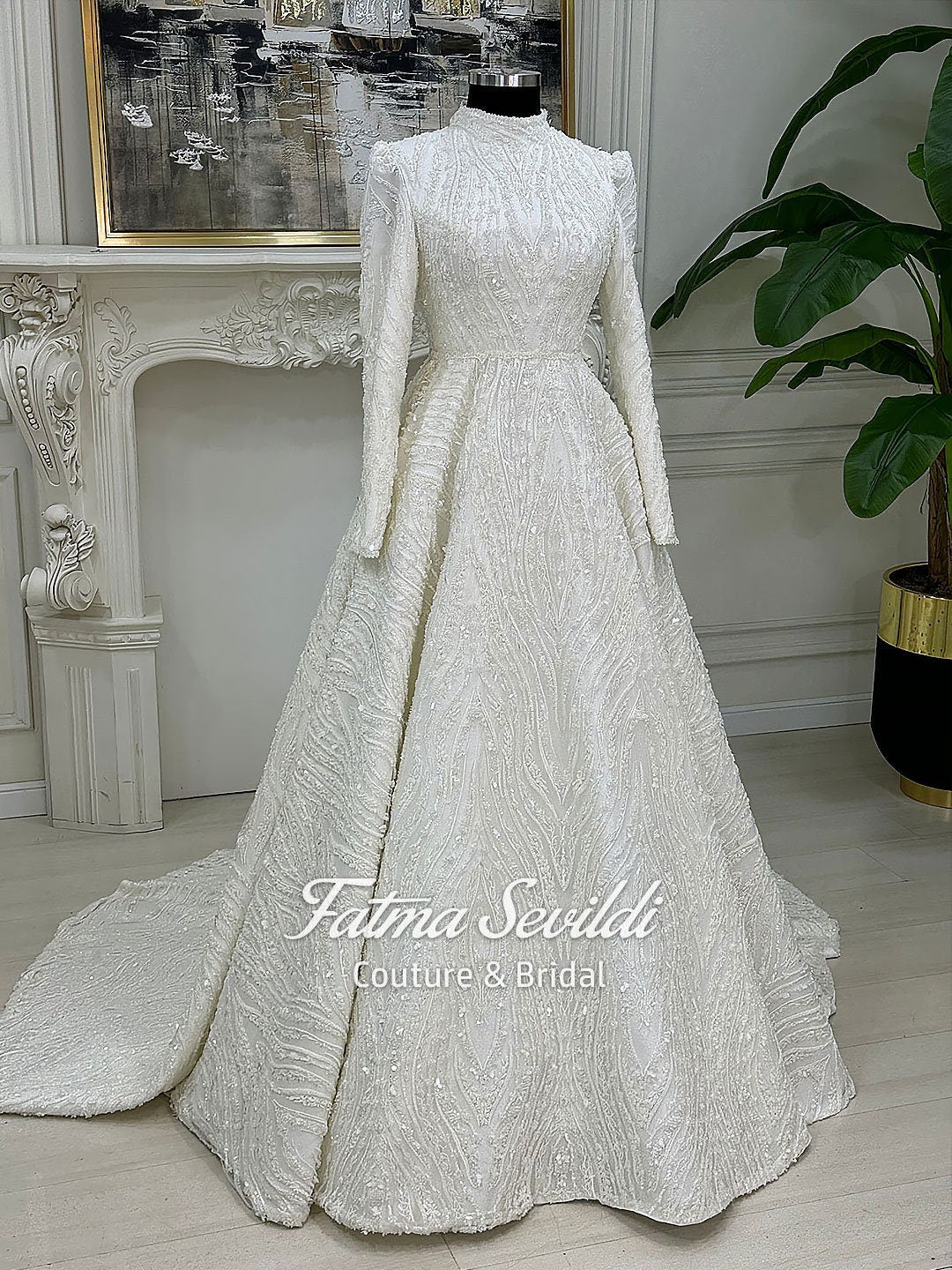 Beaded Lace Hijab Wedding Dress, High Neck Long Sleeve Modest Full Skirt Bridal 42 / White