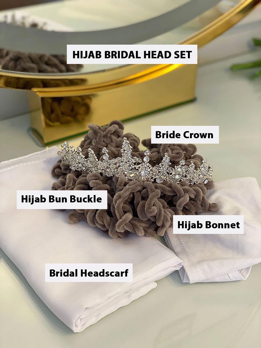 Silver rhinestone bride crown on gray velvet hijab buckle with PART10 veil