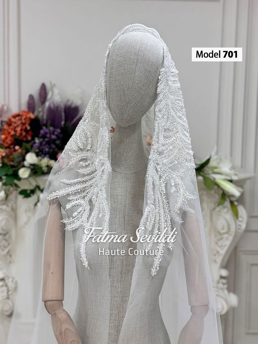 PART2 cathedral beaded lace bridal veil with floral embroidery on mannequin