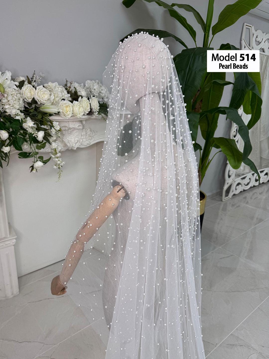 PART1 beaded lace edge cathedral bridal veil with pearl beads on mannequin