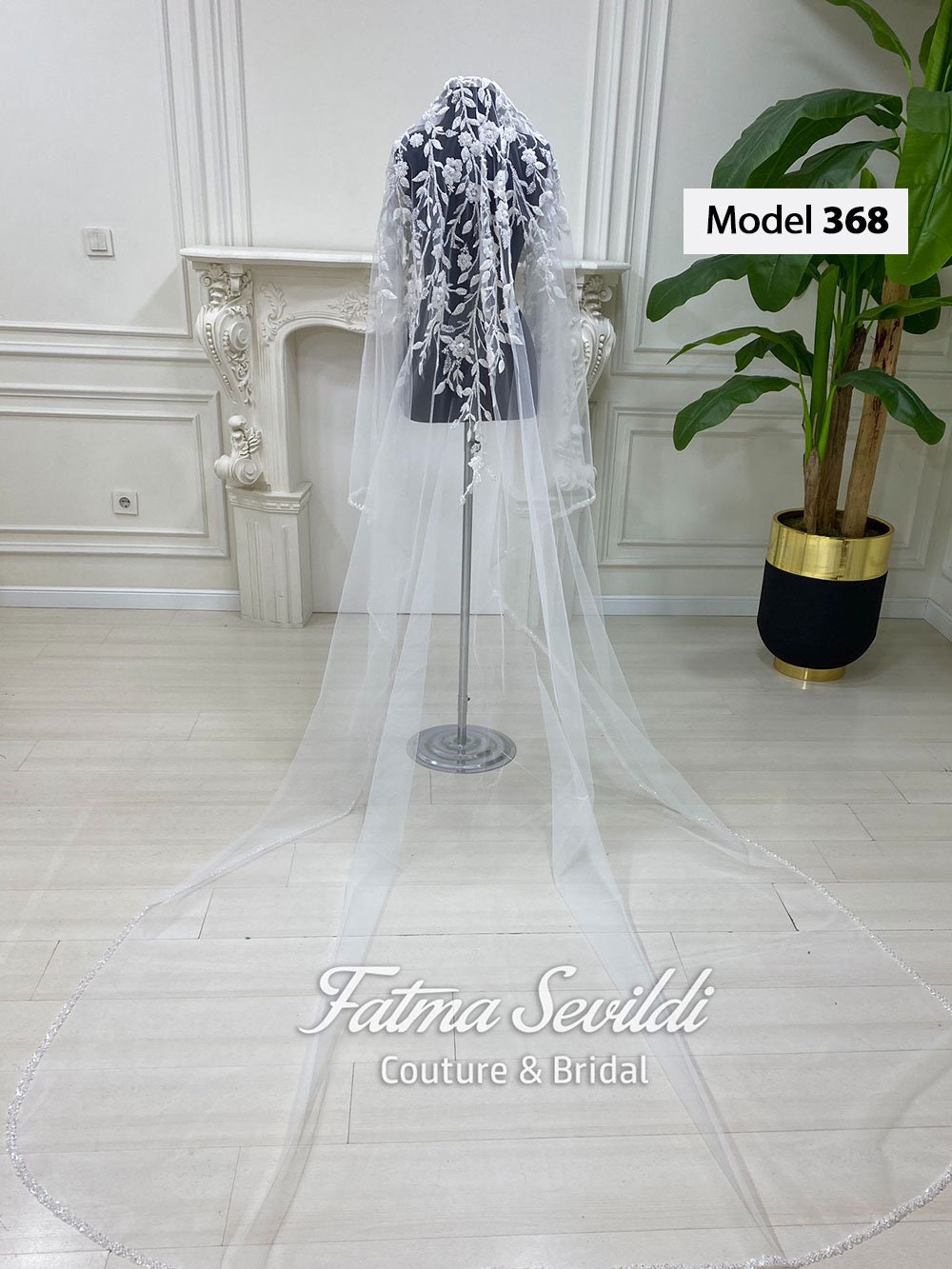 PART1 beaded lace edge cathedral bridal veil with floral embroidery