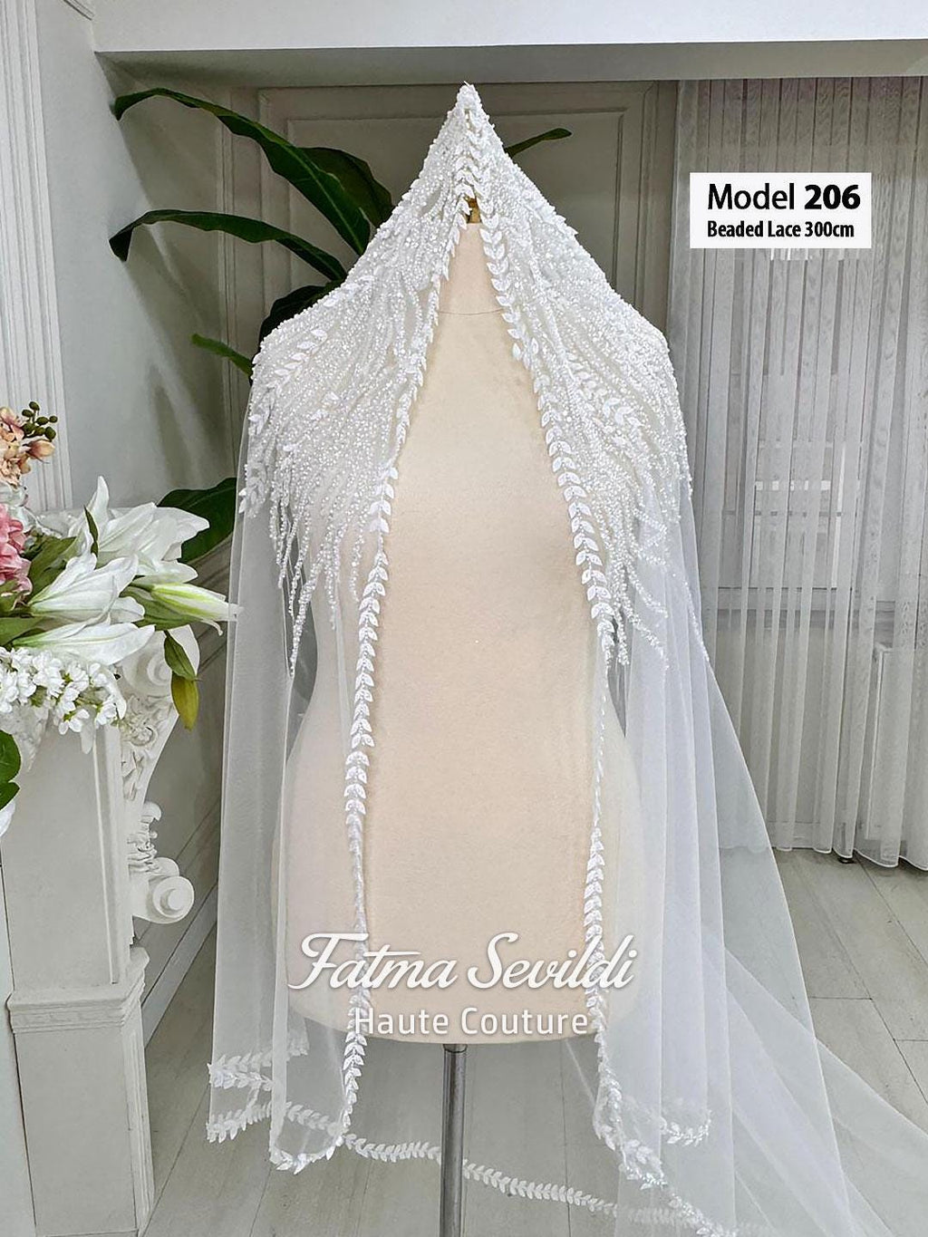 Delicate PART7 lace edge cathedral bridal veil with leaf beaded patterns