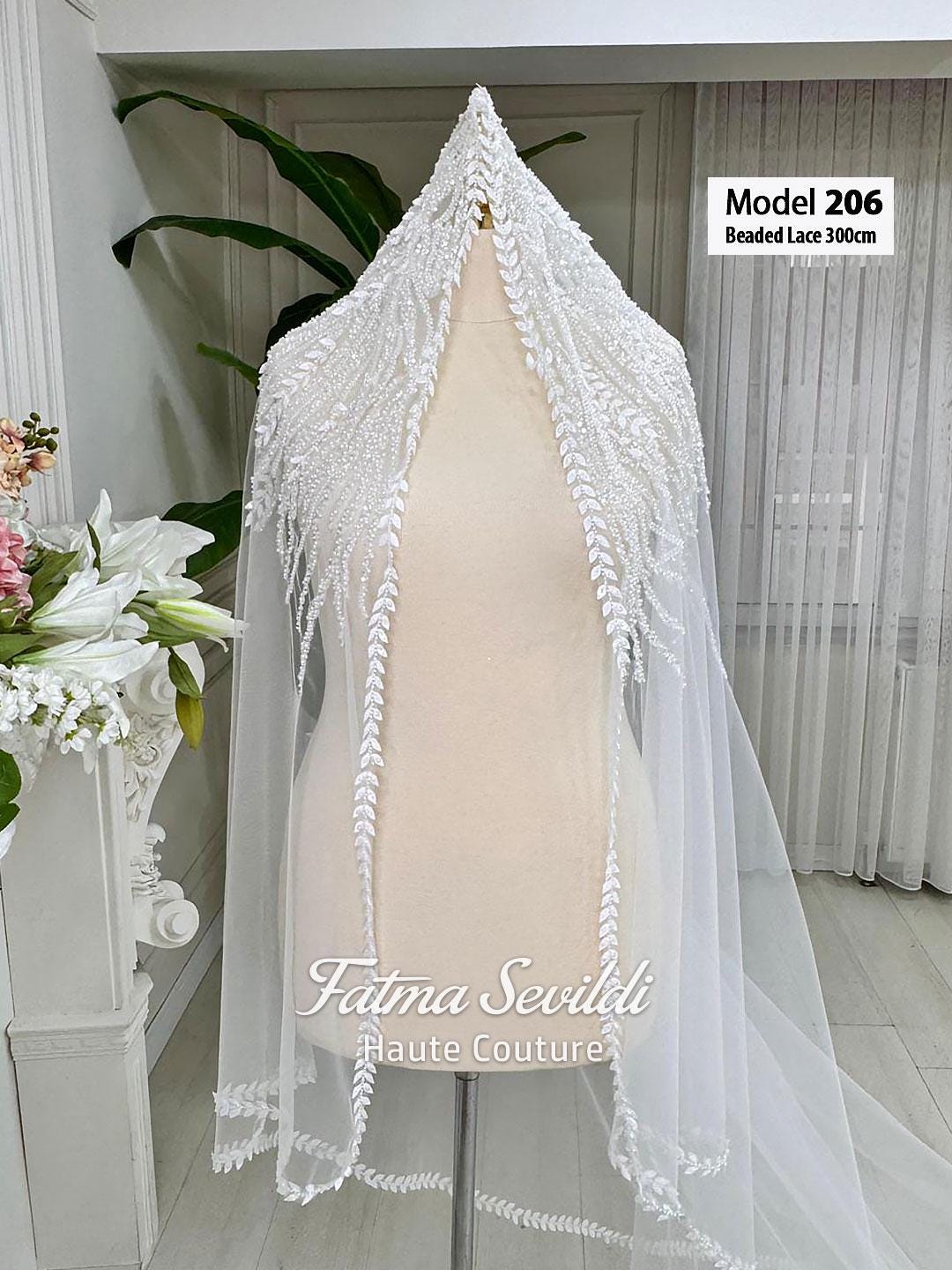 Delicate PART7 lace edge cathedral bridal veil with leaf beaded patterns