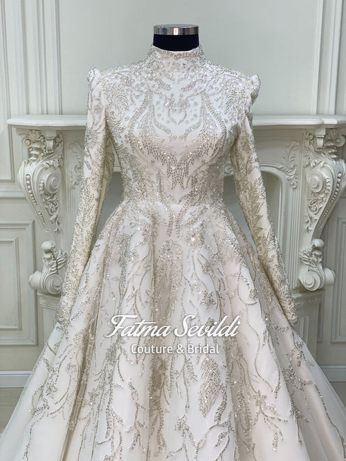 Elegant hijab wedding dress with beaded lace high neck long sleeve ballgown