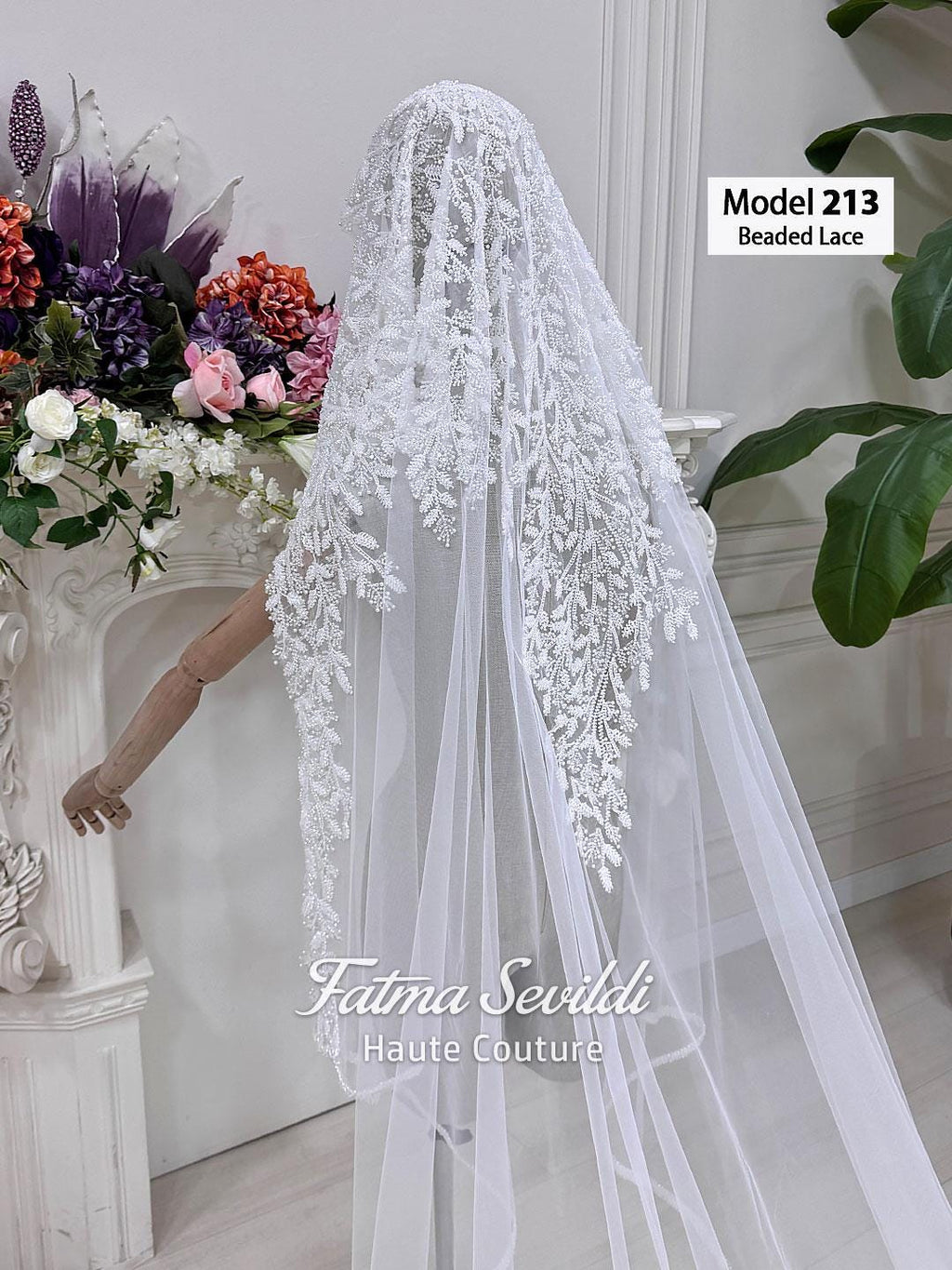 White beaded lace cathedral bridal veil by Fatma Sevildi model 213