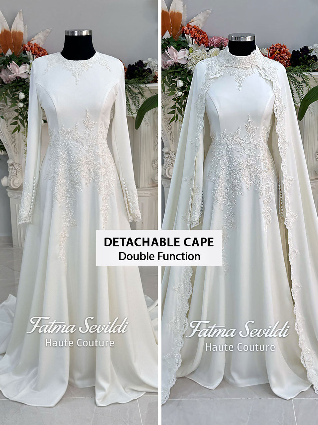 Modest Hijab Wedding Dress with Detachable Lace Cape, Long Sleeve Bridal Gown