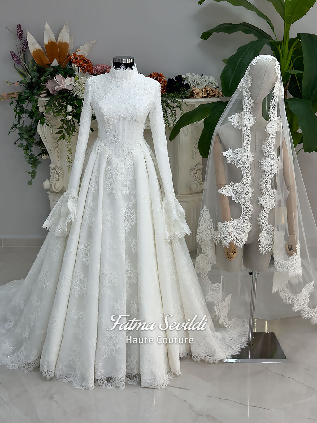 Luxury hijab wedding dress with A-line silhouette, beaded lace detailing and cathedral lace veil, modest long sleeve bridal gown for Muslim bride