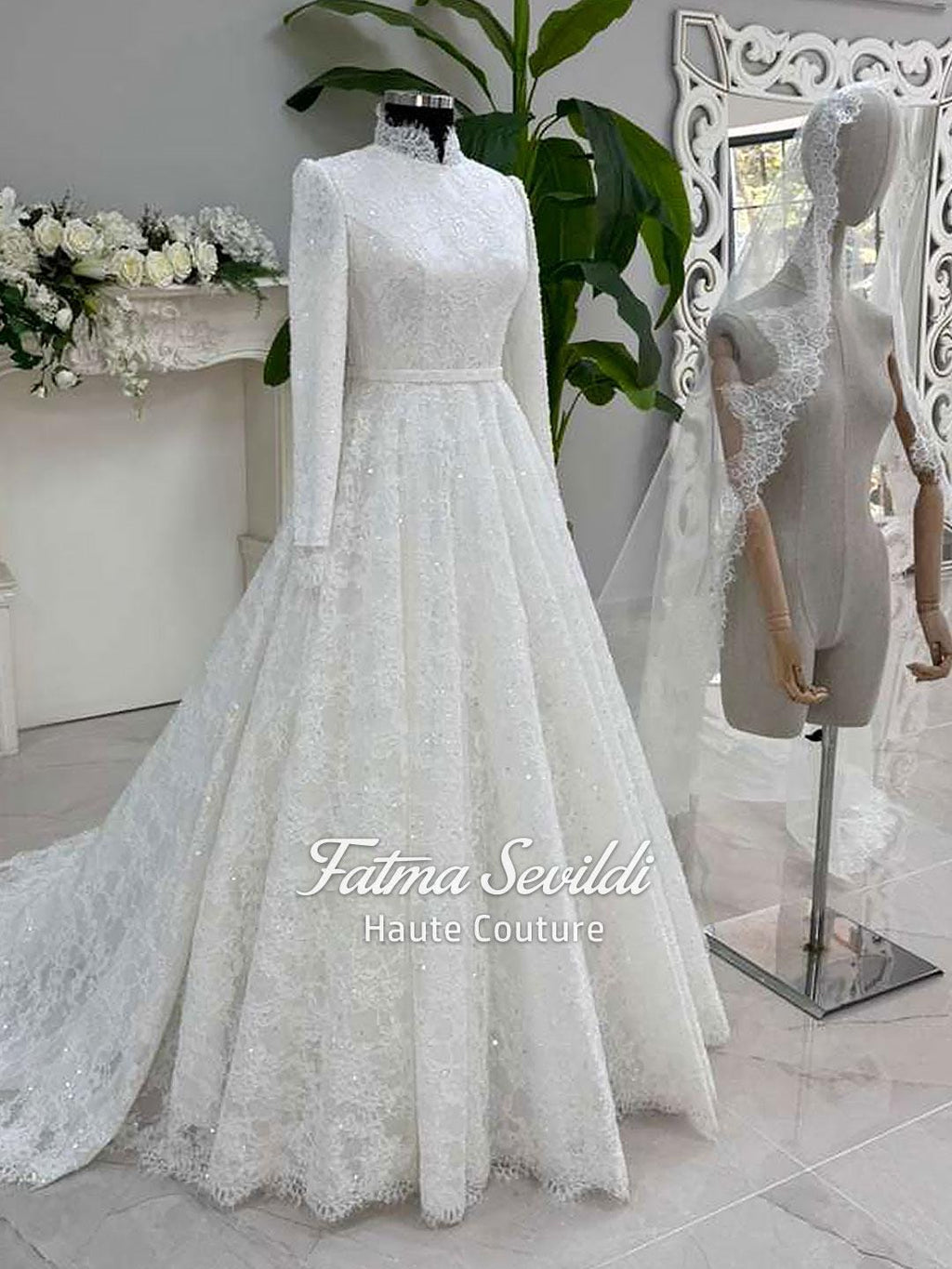 Veiled Hijab Wedding Dress: Beaded Lace Long Sleeve Modest Gown