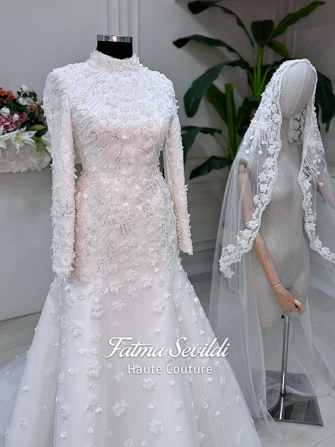 Veiled mermaid hijab wedding dress with silver floral embroidery