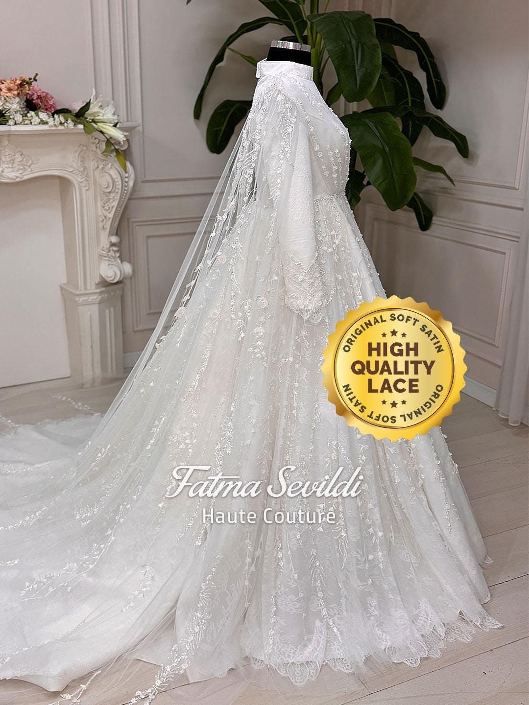 Floral lace modest Muslim wedding dress with long sleeves, A-line gown, veil